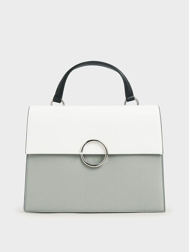 Ring Detail Large Top Handle Bag, Grey, hi-res