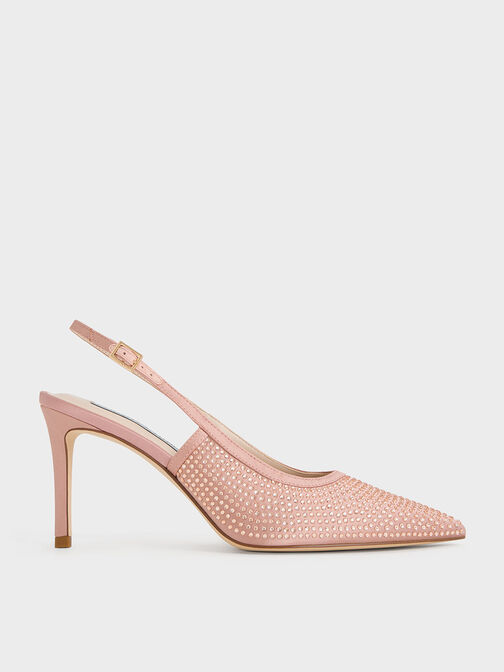 Satin Crystal-Embellished Slingback Pumps, Nude, hi-res