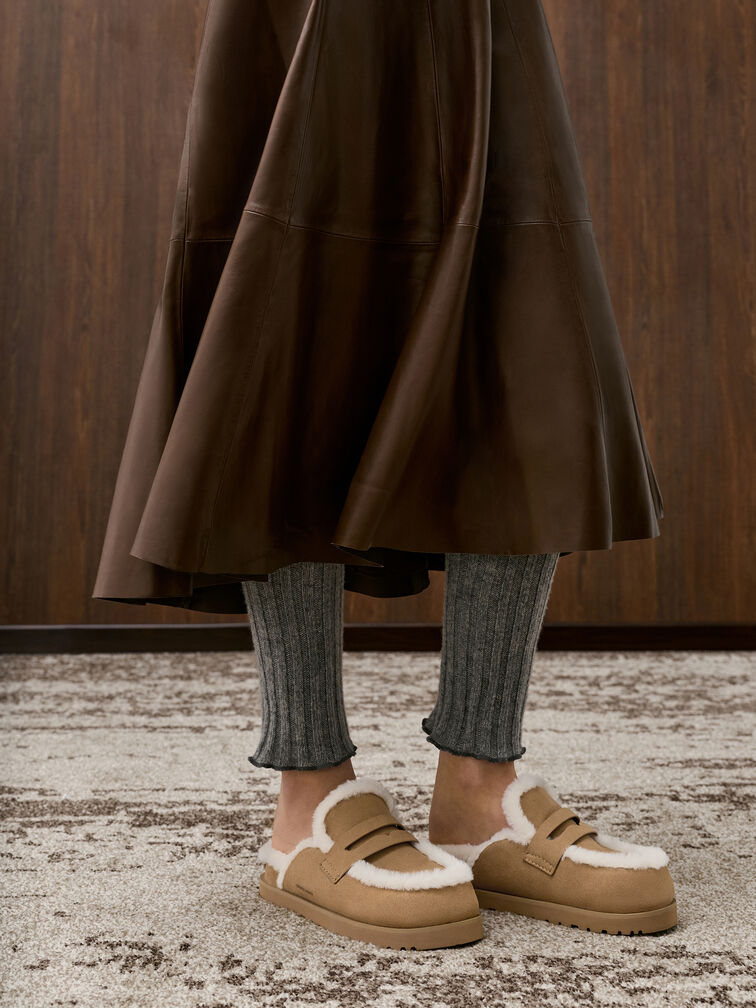 Recycled-Fur Flatform Mules, Sand, hi-res