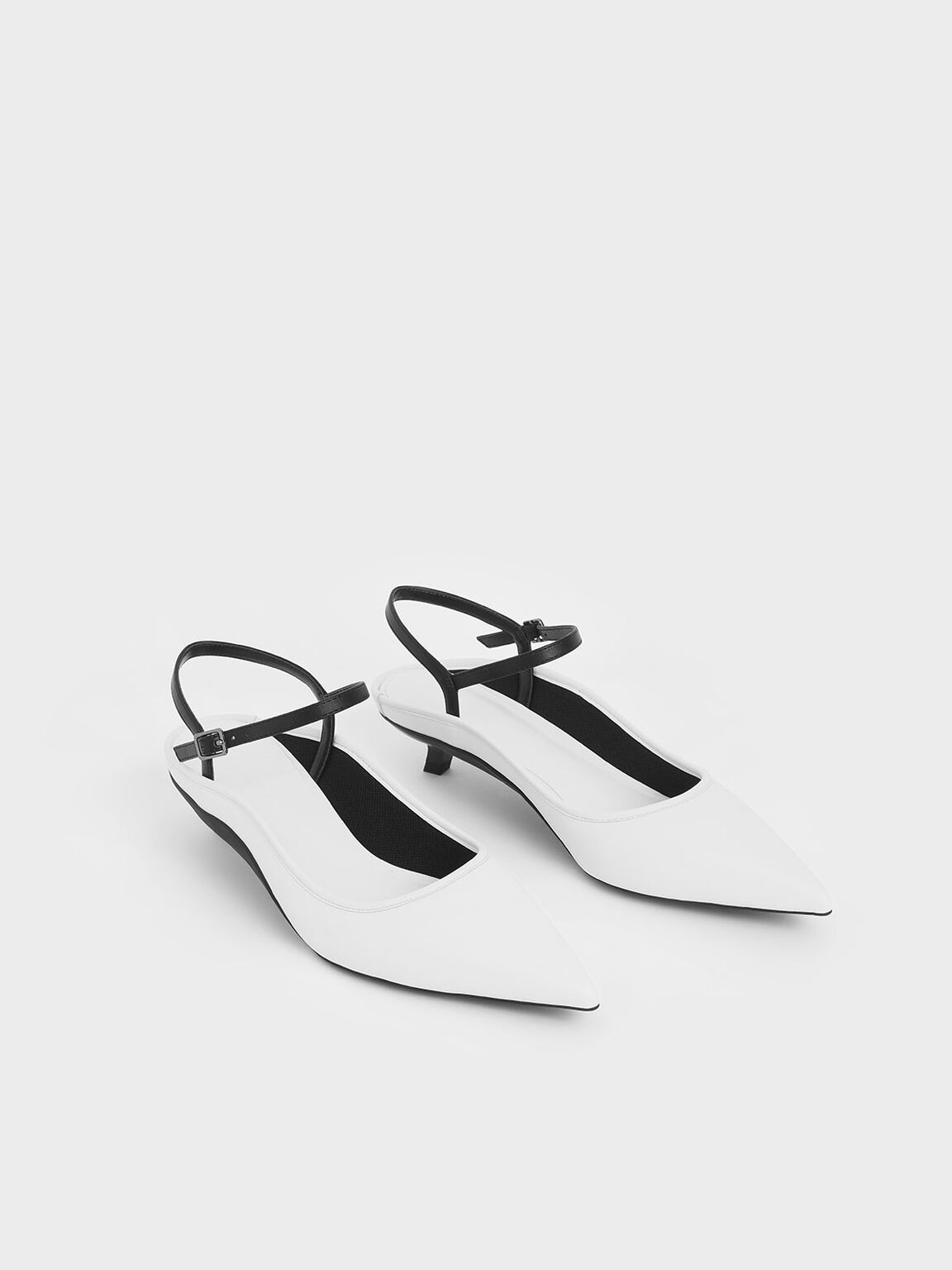 Two-Tone Ankle Strap Kitten Heel Mules, White, hi-res
