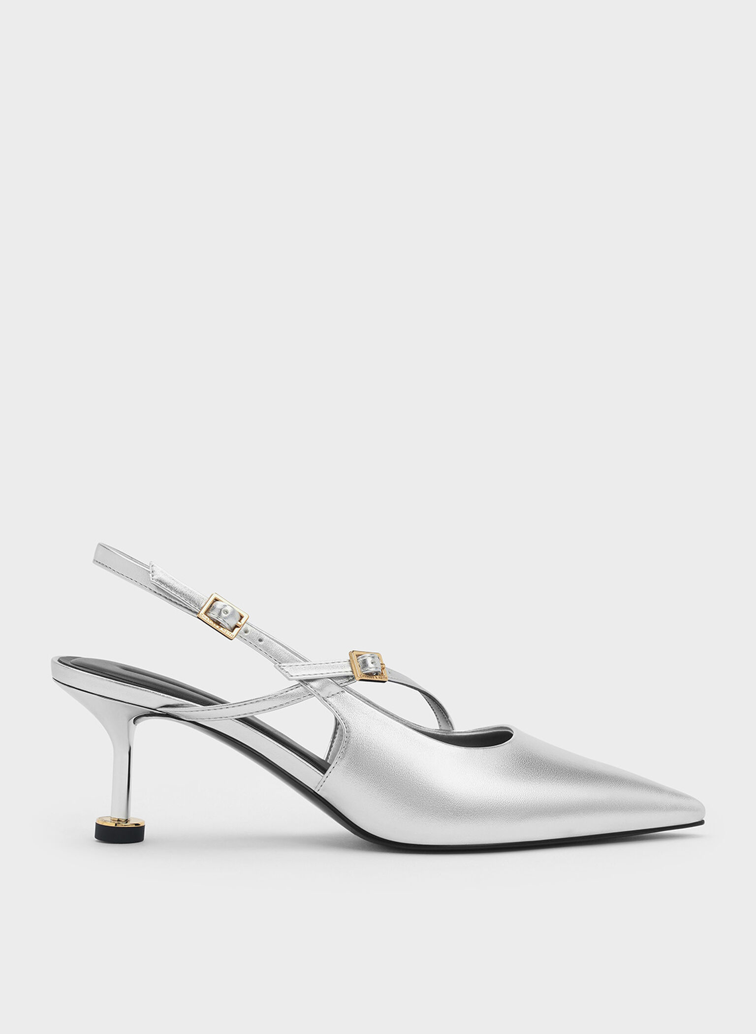 Wynn Metallic Buckled Sculptural-Heel Slingback Pumps, Silver, hi-res