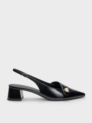 Escarpins slingback Marie &agrave; perles, Noir box, hi-res