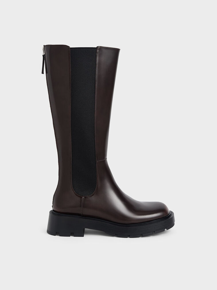 Zip-Up Chelsea Knee Boots, Dark Brown, hi-res