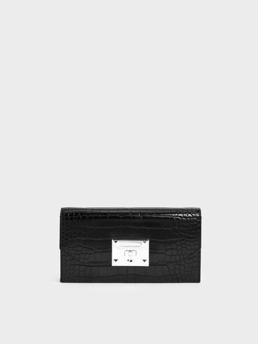 Croc-Effect Push Lock Flap Wallet, Black, hi-res