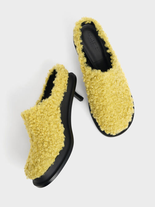 Frida Furry Kitten Heel Mules, Yellow, hi-res