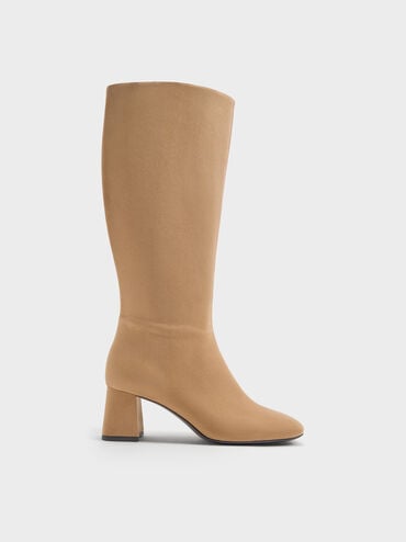 Faux Suede Square-Toe Side-Zip Knee-High Boots, Sand, hi-res