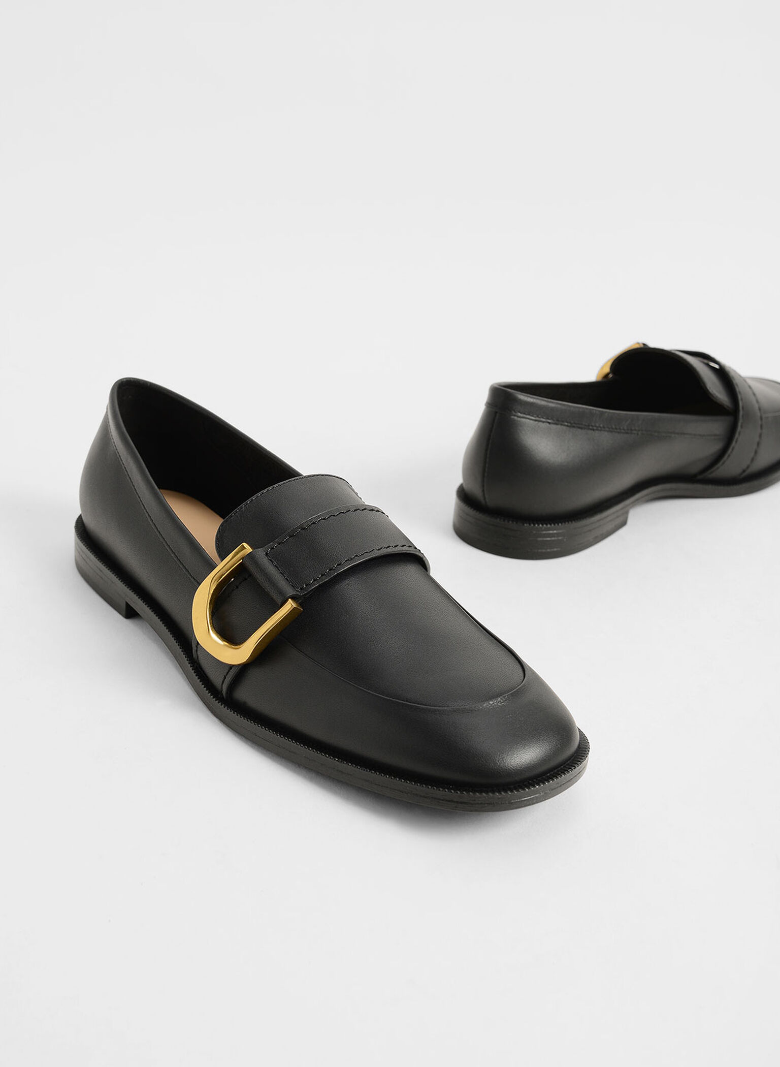 Black Gabine Buckled Leather Loafers - CHARLES & KEITH US