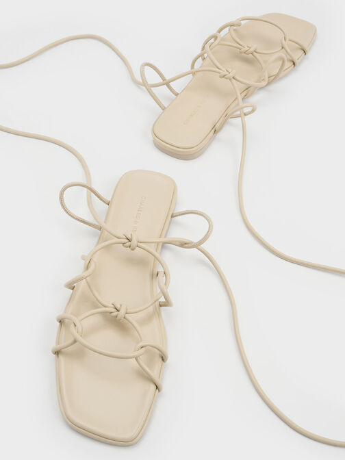 Sandalias de tiras para atar y nudos decorativos, Beige, hi-res