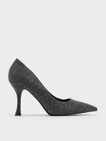 Denim Pointed-Toe Spool-Heel Pumps, Black Textured, hi-res