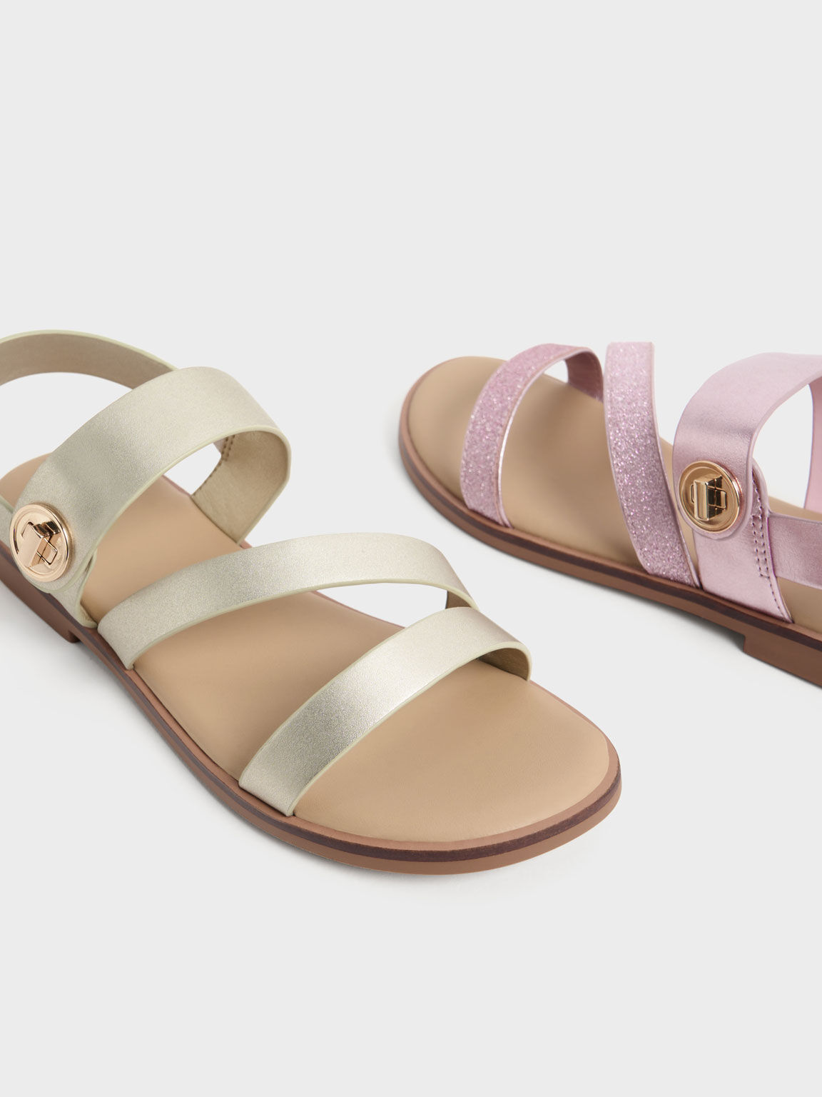 Girls' Metallic Buckle Sandals, Gold, hi-res