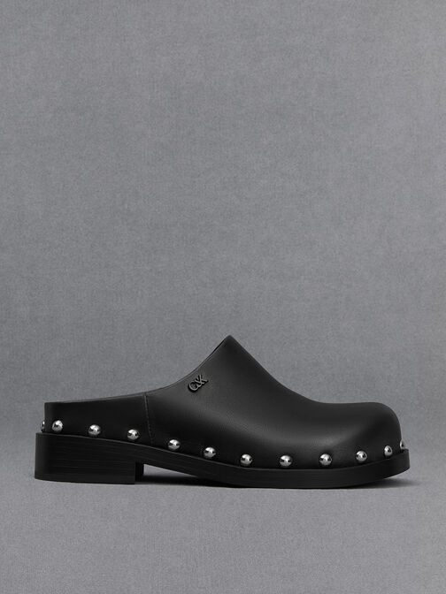 Leather Studded Clogs, Black, hi-res