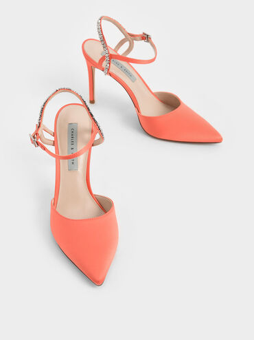 Embellished Back Strap Court Shoes, Orange, hi-res