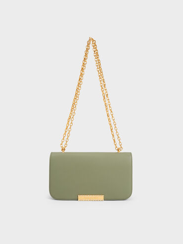 Leather Chain Strap Bag, Sage Green, hi-res