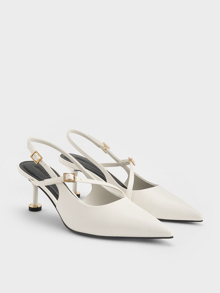 Buckled Sculptural-Heel Slingback Pumps, White, hi-res