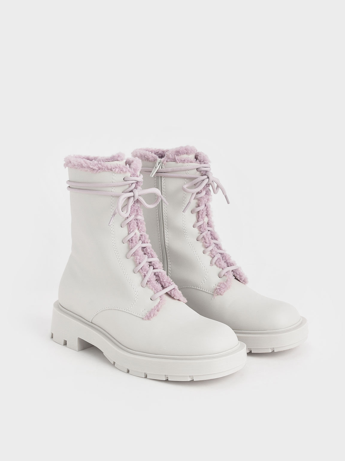 Fur-Trim Lace-Up Ankle Boots, Chalk, hi-res
