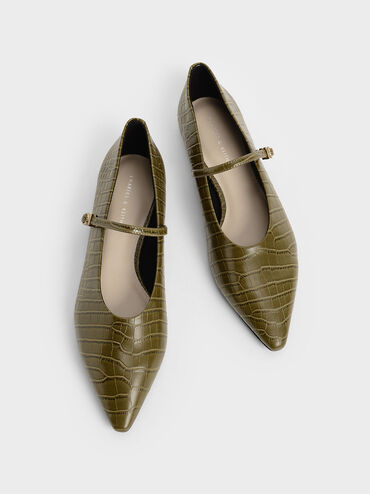 Croc-Effect Mary Jane Flats, Animal Print Green, hi-res