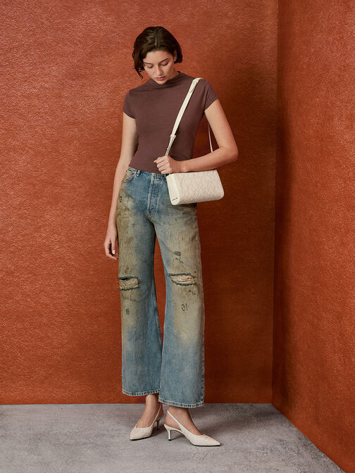 Bolso de hombro entrelazado alargado Ivette, Crema, hi-res