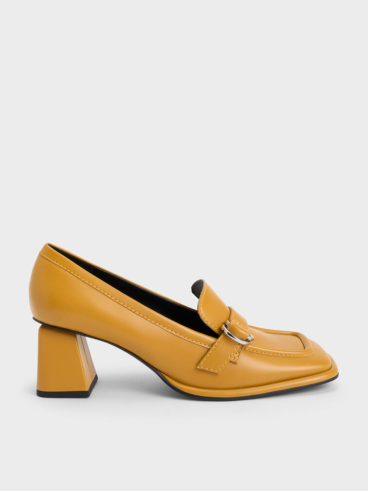 Metallic Buckle Penny Loafers, Mustard, hi-res