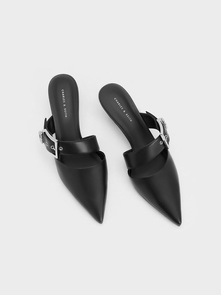 Asymmetric Buckle Heeled Mules, Black, hi-res