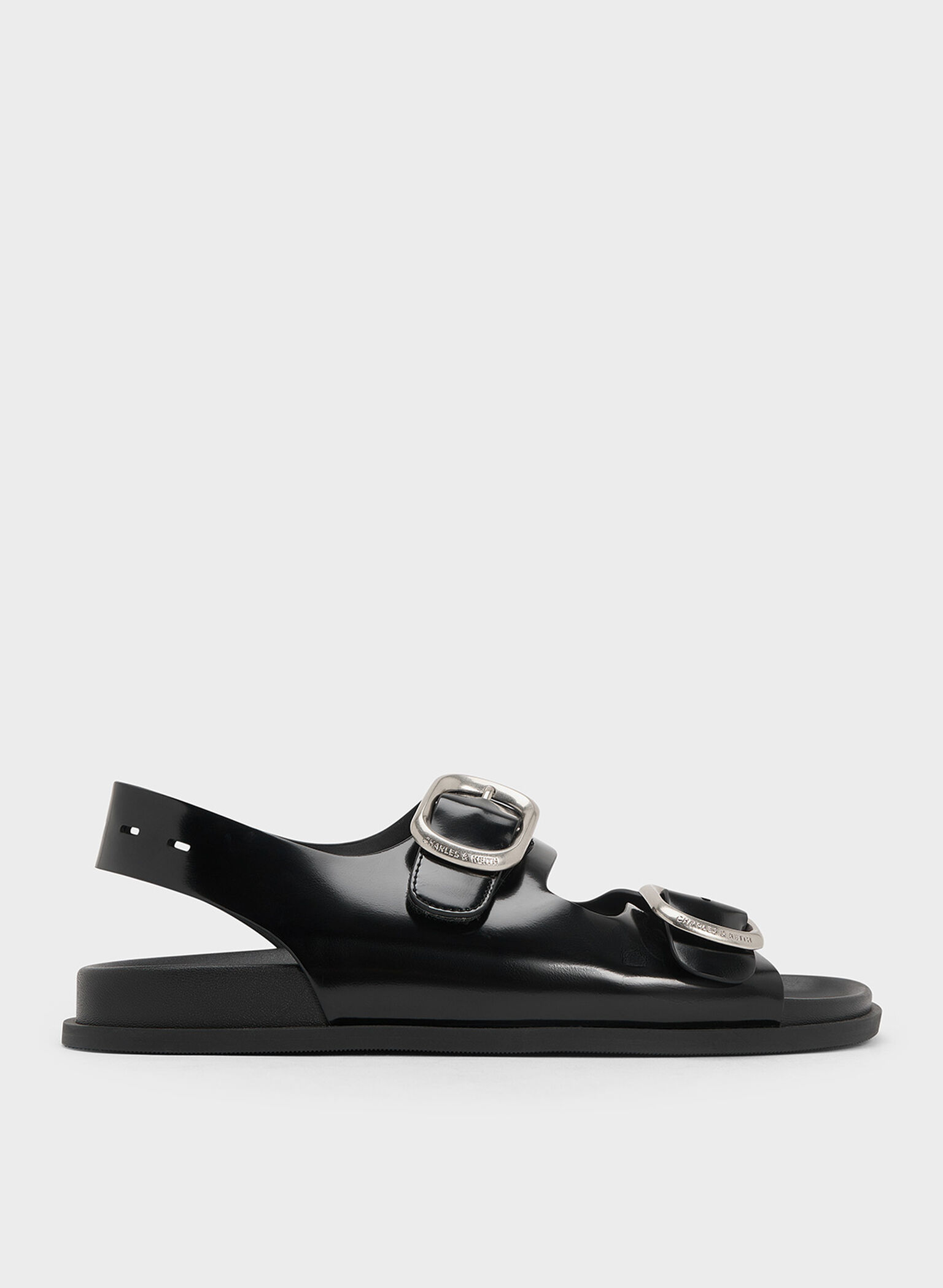 Sandalias slingback de tiras dobles con hebilla, Negro pulido, hi-res