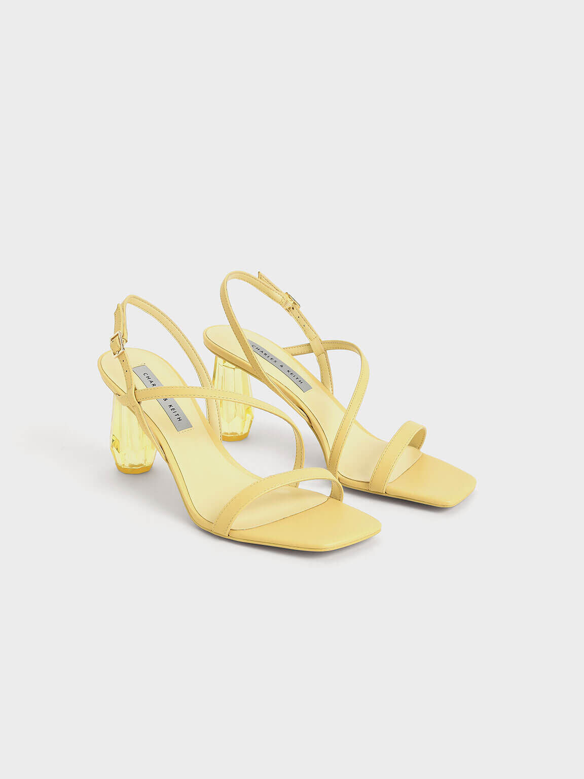 See-Through Sculptural Heel Sandals, Yellow, hi-res