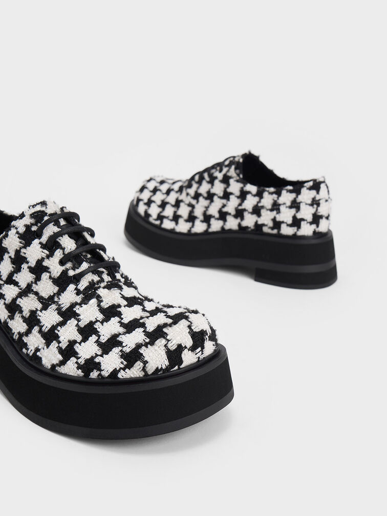Tweed Houndstooth Platform Lace-Up Oxfords, White, hi-res