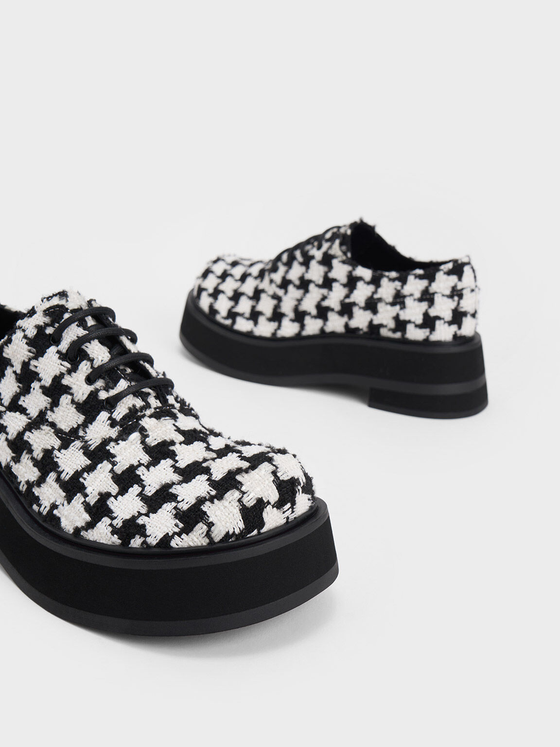 Tweed Houndstooth Platform Lace-Up Oxfords, White, hi-res