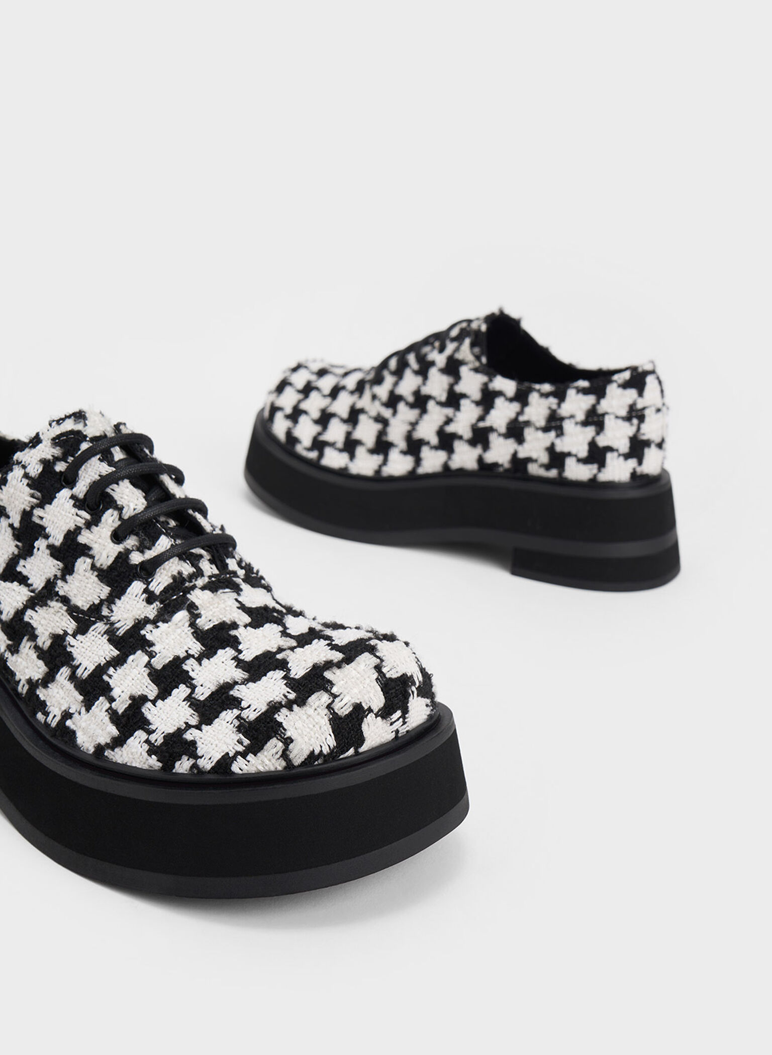 Tweed Houndstooth Platform Lace-Up Oxfords, White, hi-res