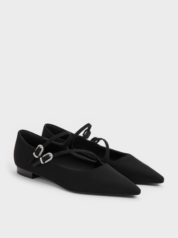 Zapatos Mary Jane de doble tira con hebilla de cristales en efecto ante, Negro texturizado, hi-res