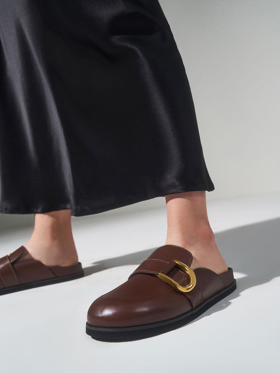 Gabine Buckled Leather Loafer Mules​, Brown, hi-res