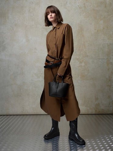 Beryl Recycled Leather Double-Handle Belted Bucket Bag, Black, hi-res