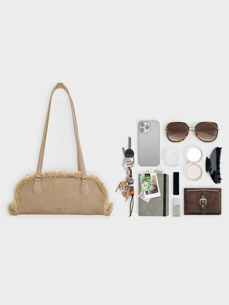 Nelly Faux Shearling Elongated Shoulder Bag, Nutmeg Beige, hi-res