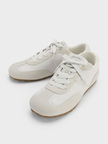 Nylon Contrast-Panel Lace-Up Sneakers, White, hi-res