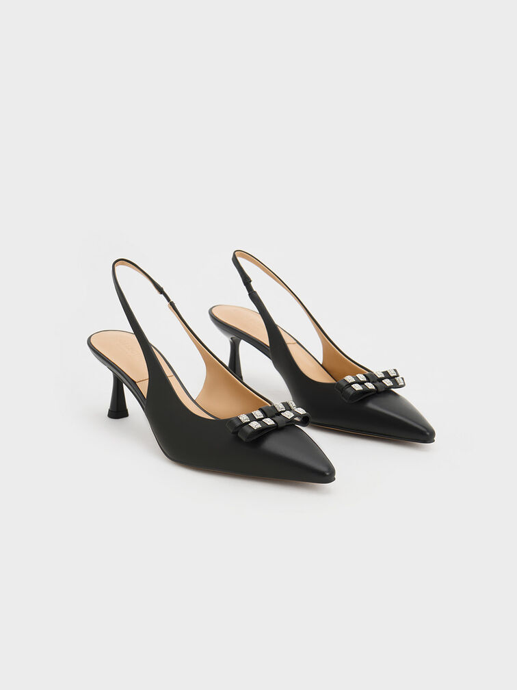 Bow Crystal-Embellished Leather Slingback Pumps, Black, hi-res