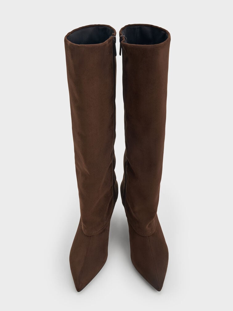Faux Suede Pointed-Toe Stiletto-Heel Knee-High Boots, Dark Brown Textured, hi-res