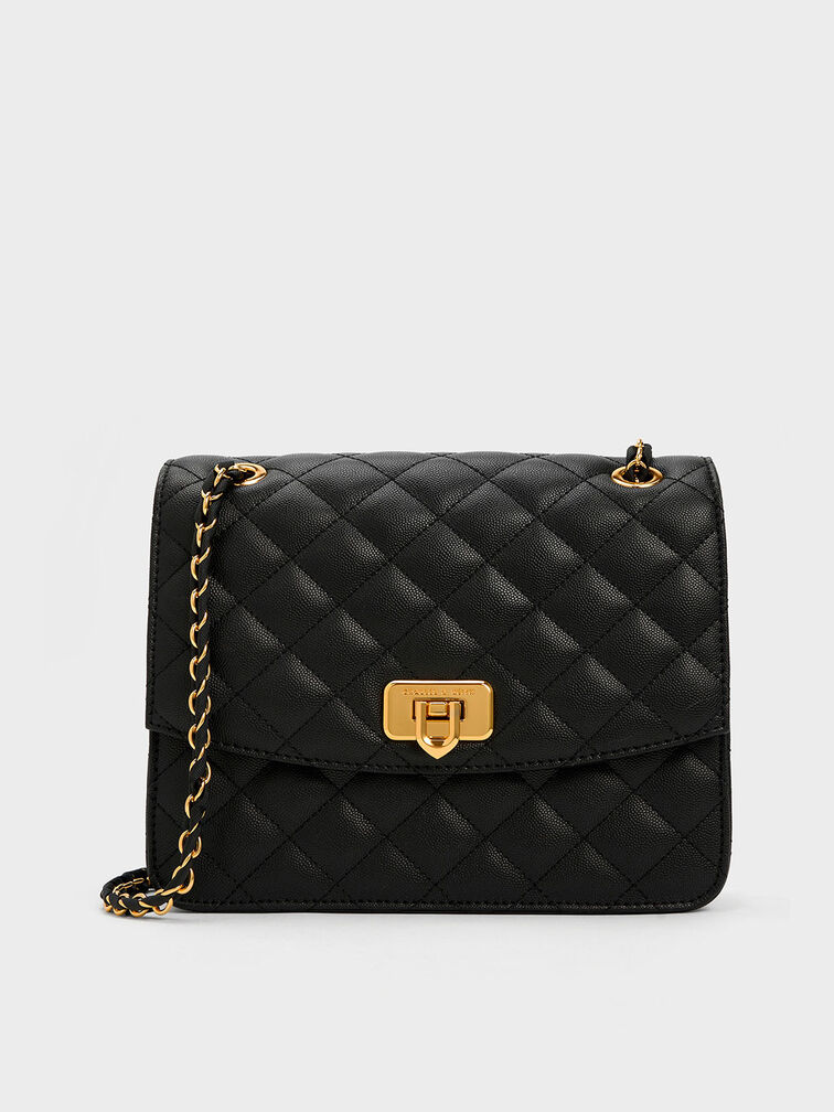 Cressida Quilted Chain Strap Bag, Black, hi-res