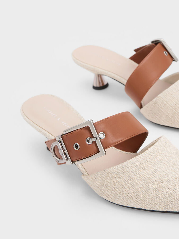 Asymmetric Buckle Linen Heeled Mules, Beige, hi-res