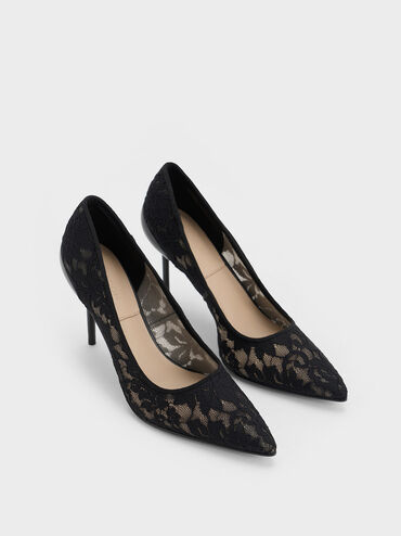 Lace & Mesh Pointed-Toe Pumps, Black Textured, hi-res