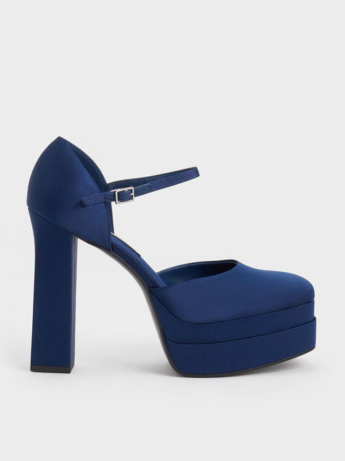 Satin Platform D'Orsay Pumps, Dark Blue, hi-res