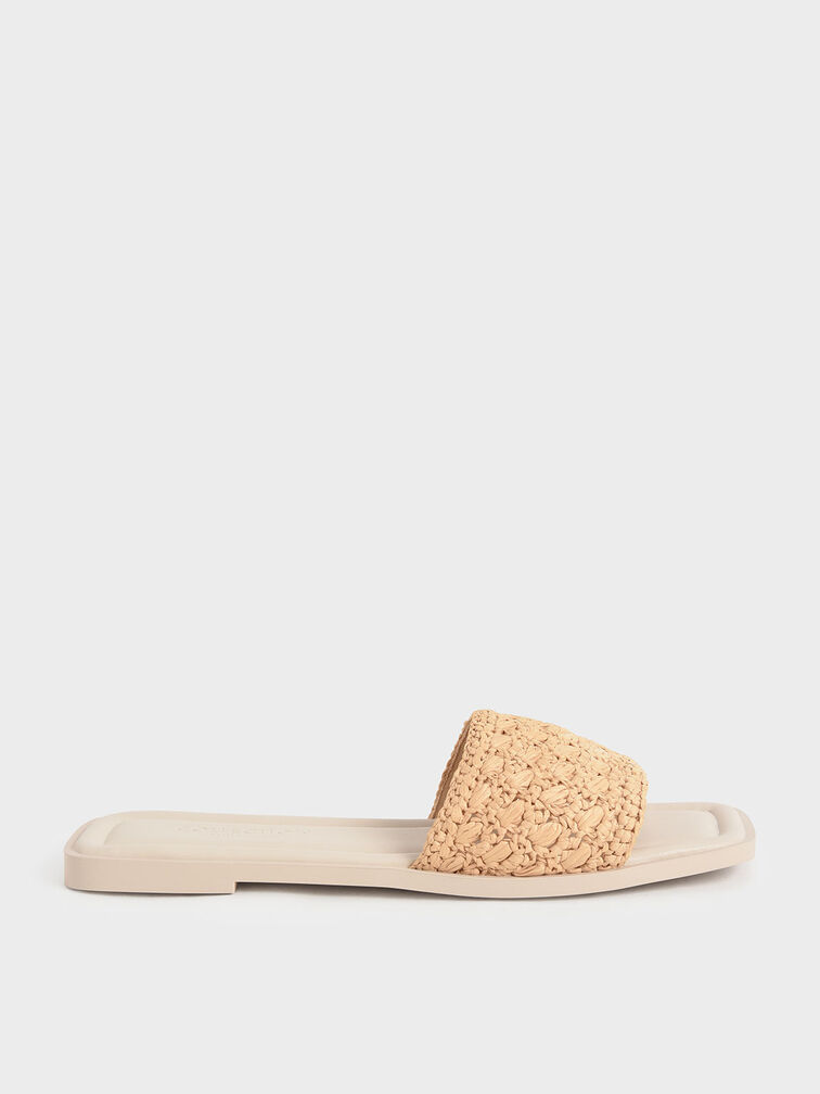 Raffia Slide Sandals, Chalk, hi-res