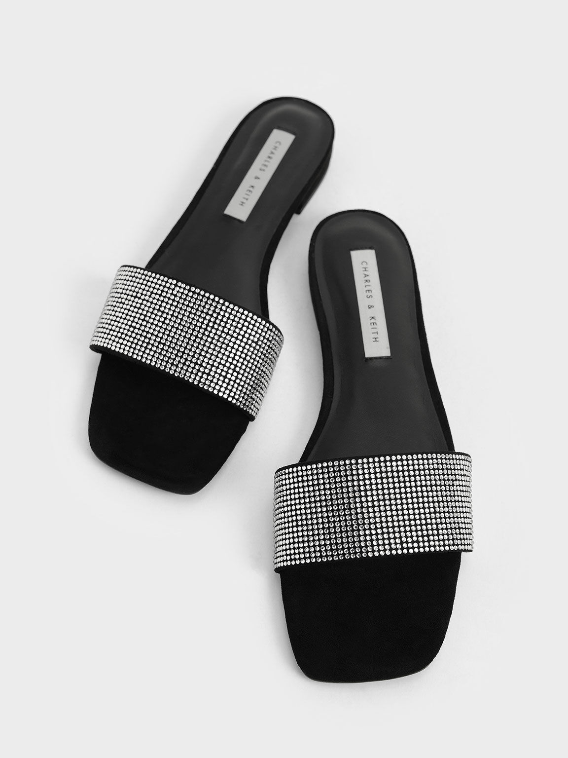 Gem Embellished Slide Sandals, Black, hi-res