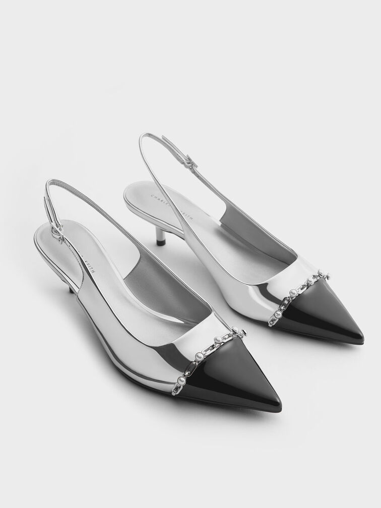 Metallic Pearl Chain-Link Slingback Pumps, Silver, hi-res