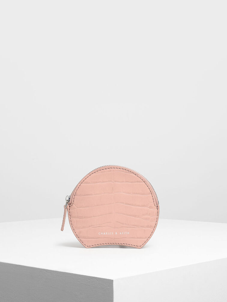 Semi Circle Croc-Effect Mini Pouch, Pink, hi-res