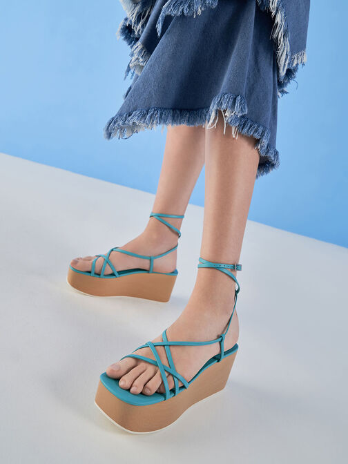 Ankle Strap Platform Wedges, Turquoise, hi-res