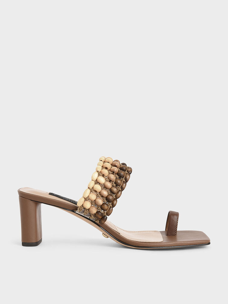Leather Beaded Heeled Sandals, Brown, hi-res