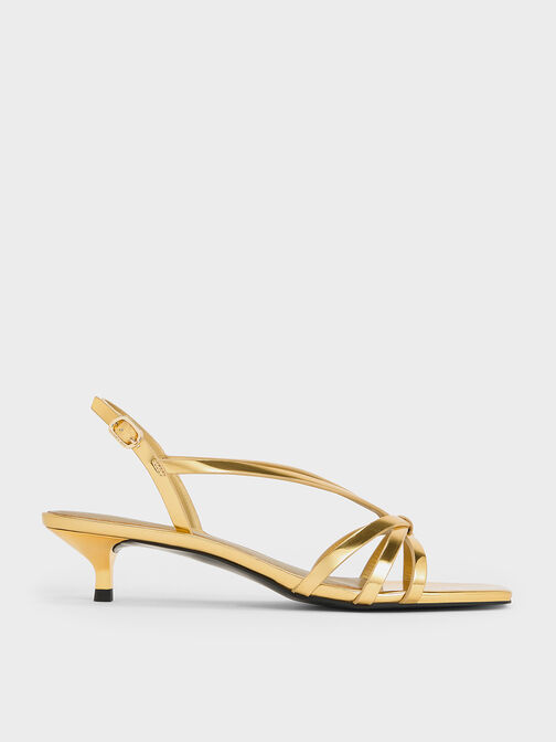 Sandalias metalizadas con tiras y tacón kitten, Dorado, hi-res