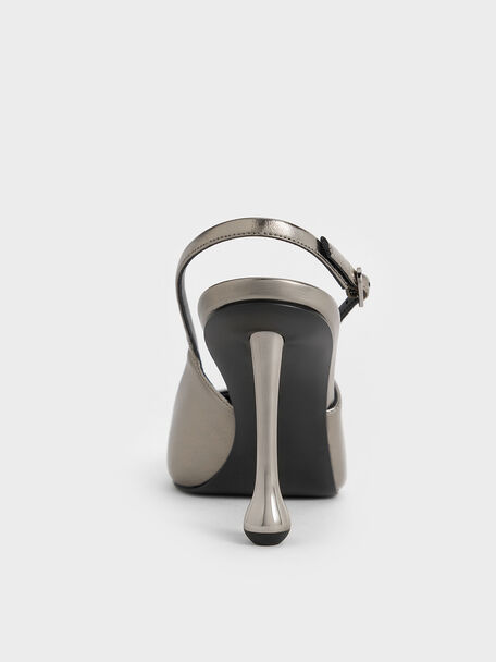 Metallic Sculptural-Heel Pointed Pumps, Pewter, hi-res