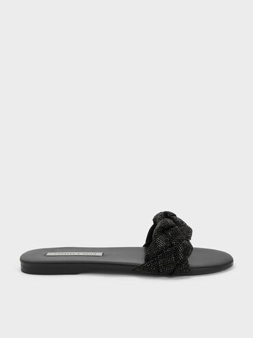 Gem-Embellished Braided Strap Slides, Black, hi-res