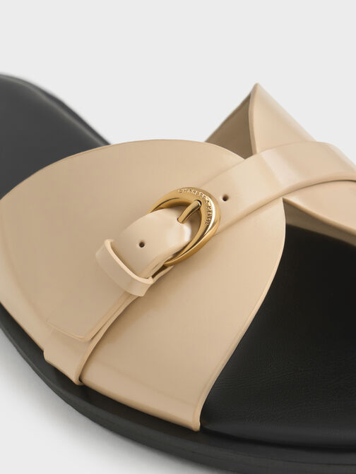 Buckled-Strap Slide Sandals, Beige, hi-res