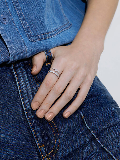Star Motif Crystal-Embellished Ring, Silver, hi-res
